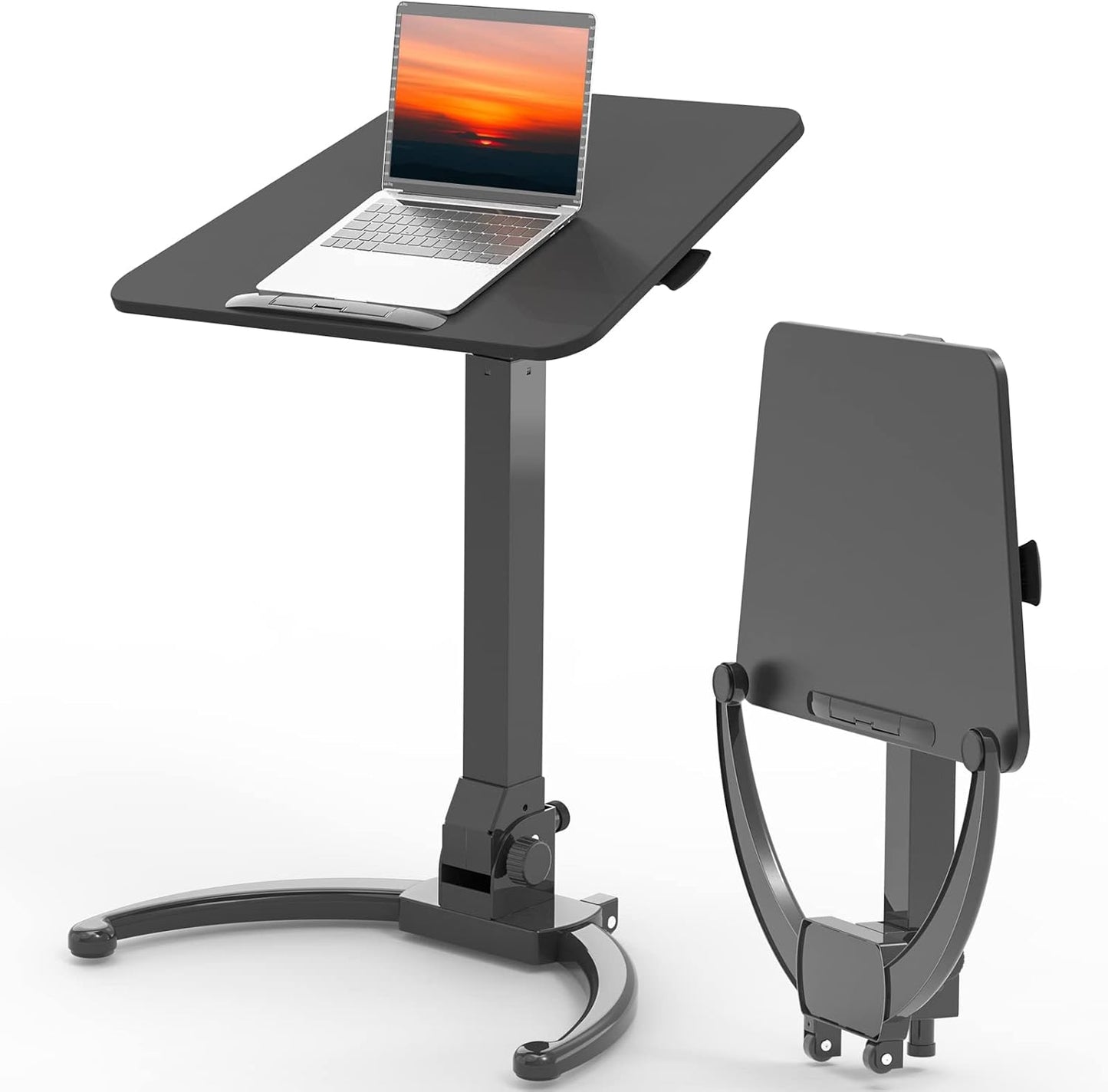 JOY worker Foldable Mobile Standing Desk, Height Adjustable Sit Stand Desk, 90° Tiltable Rolling Laptop Table, Portable Workstation with Non-Slip Mat for Home Office, Holds Up to 22lbs, Black