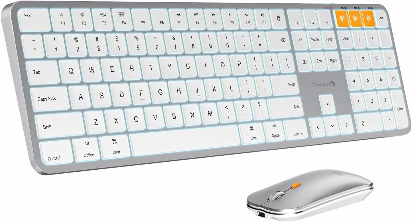 ProtoArc Backlit Bluetooth Keyboard and Mouse for Mac, KM100-A Multi-Device Wireless Keyboard Mouse for Mac, Full Size Rechargeable for MacBook Pro/Air, iPhone, iPad, White Silver