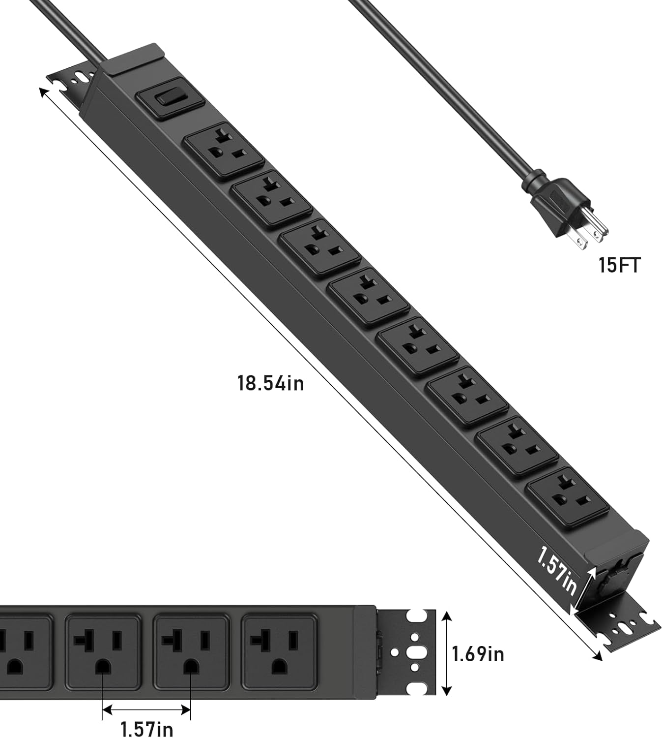 JUNNUJ Heavy Duty Power Strip Wall Mount, 20 Amp Surge Protector 1200J Metal 8 Outlet Under Desk Mounted 20A, Garage Power Table Socket Industrial Outlets 6-20R T-Slot, Black-15FT 12AWG Extension Cord