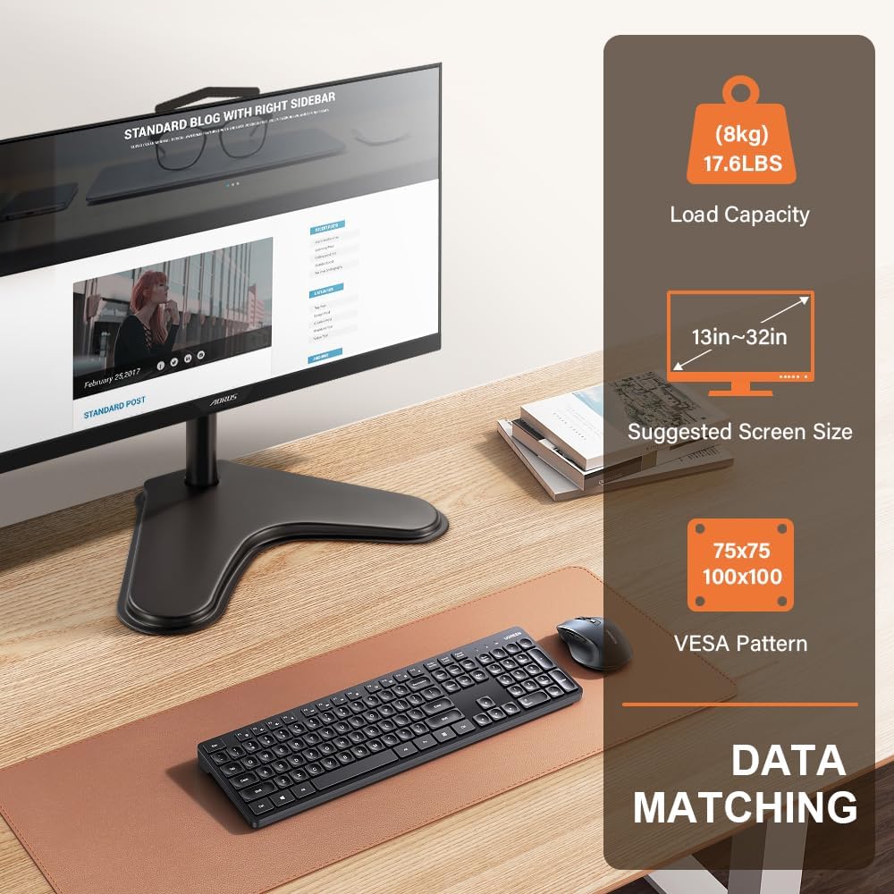 KKTONER Single Computer Monitor Stand Metal Base Free Standing Desk Vesa Mount for 13 inch to 32 inch Screen Height Adjustable Monitor Mount Full Motion Swivel Vesa 75*75mm/100*100mm Hold up 17.6Lbs