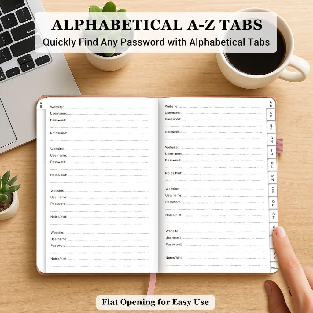 Password Book with Alphabetical Tabs – Hardcover Internet Address & Password Organizer – Password Keeper Notebook for Computer & Website – 5.2 x 7.6" Log-in Password Journal w/Thick Paper (Rose Gold)