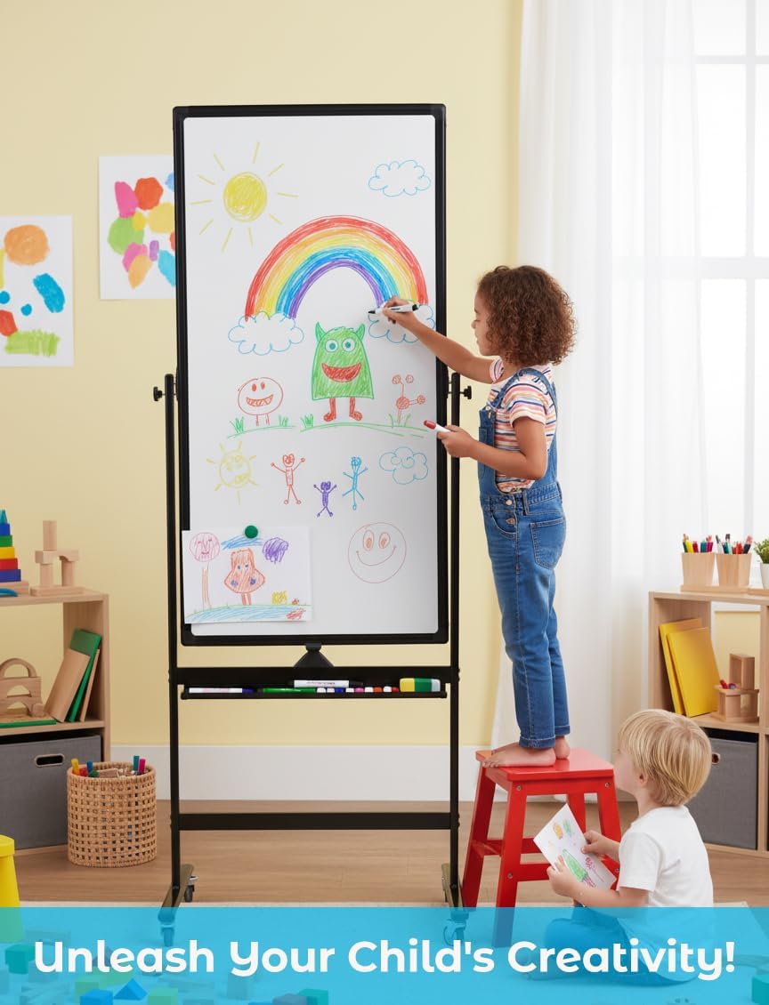 48" x 24" Magnetic Mobile Whiteboard - 360° Reversible Double-Sided Dry Erase Board with Wheels, Portable Standing Whiteboard Easel for Office & Classroom - Includes 6 Markers + 1 Eraser