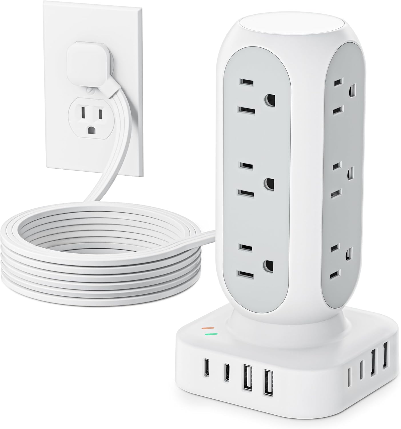 Tower Power Strip with Surge Protection, Flat Plug Outlet Extender with 12 AC Outlets & 8 USB Ports, 5 FT Extension Cord with Multiple Outlets, 24W Total Charging Station for Home Office Dorm Room