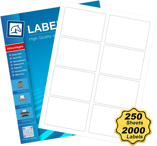 Name Tag Stickers 2 1/3"" x 3 3/8"", White Blank Mailing Labels, Inkjet and Laser Printer Guaranteed, 8 Labels Per Sheet, 250 Sheets - 2000 Labels, 3.375x2.33
