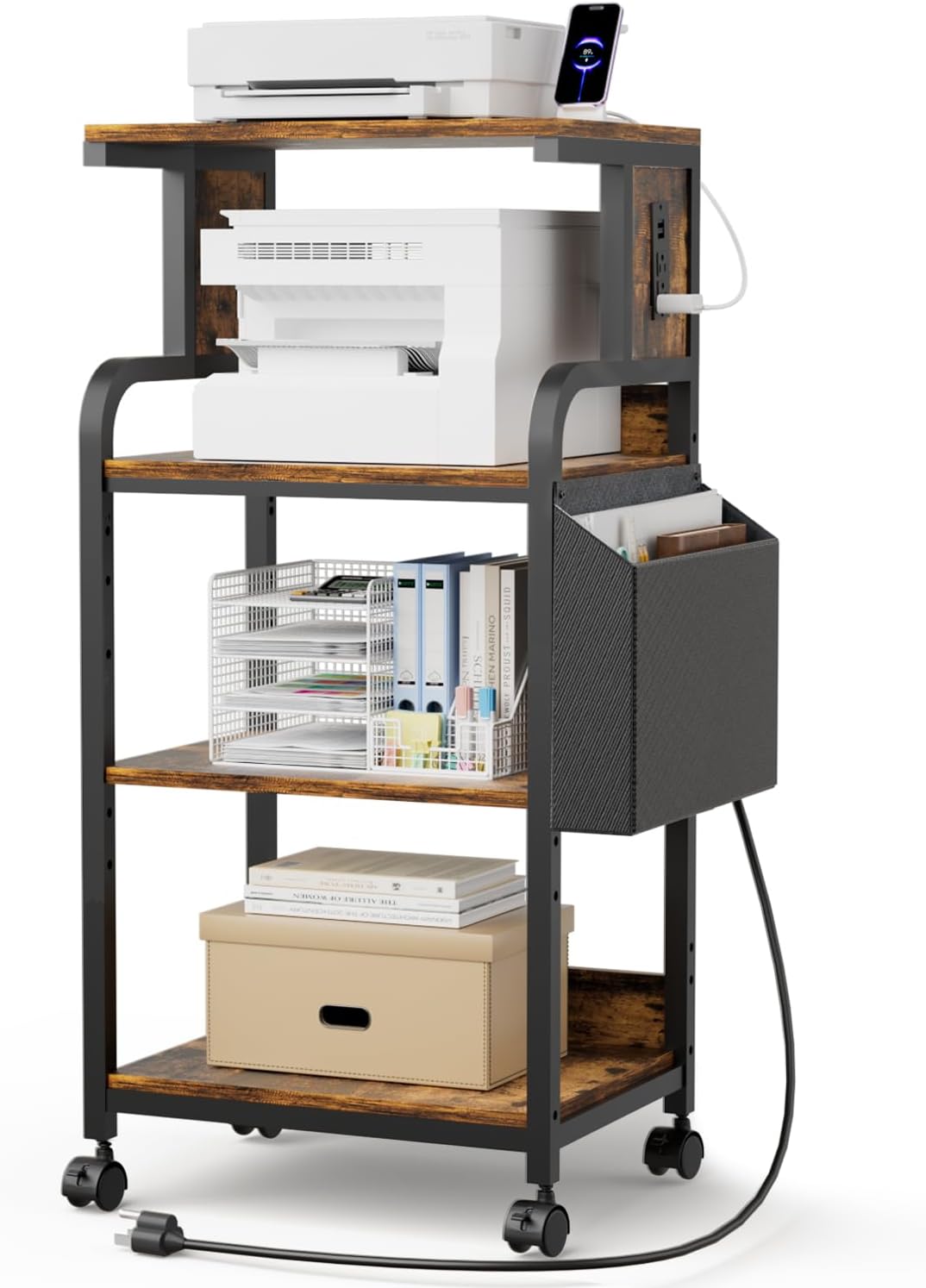 Tall Printer Stand with Storage Adjustable Shelf and Bag, 4-Tier Large Printer Table with Charging Station for Home Office, Printers Cart with Wheels for 3D Shredder Scanner Fax