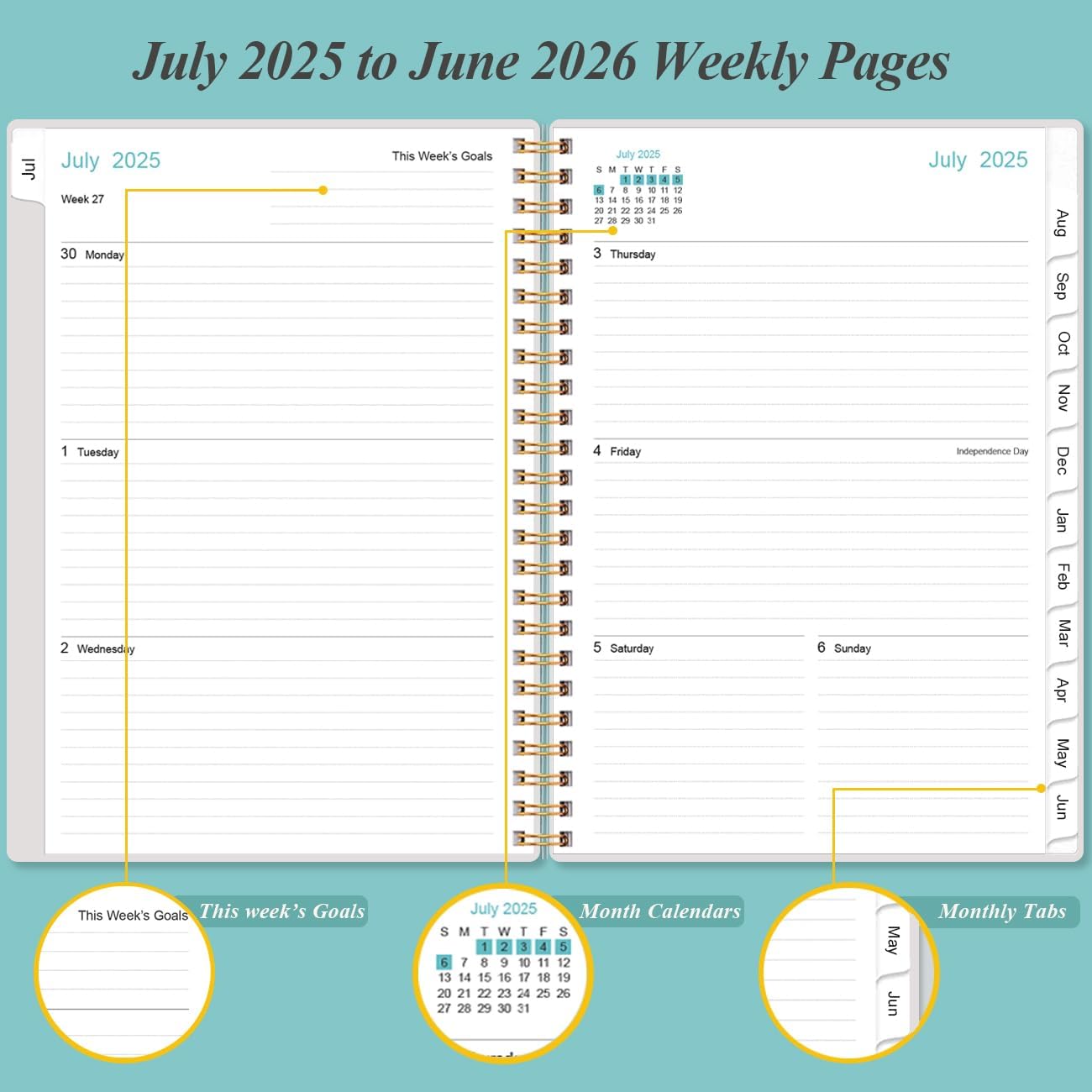 Planner 2025-2026 - July 2025 - June 2026, Academic Planner 2025-2026 with Flexible Cover, Tabs, Inner Pocket, Spiral Bound, 6.4" x 8.5", Teal Flowers