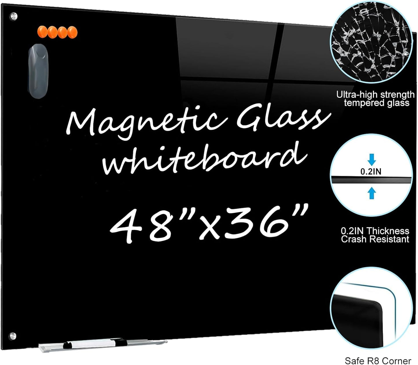 Glass Dry Erase Black Board - Magnetic Blackboard 48"X36" Frameless Whiteboard Clear Glass Boards with Super Strong Magnets, Wall Mounted for Office, Classroom and Home