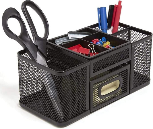 1InTheOffice Desk Supplies Organizer, Desk Caddy 7-Compartment Wire Mesh Accessory Holder, Matte Black