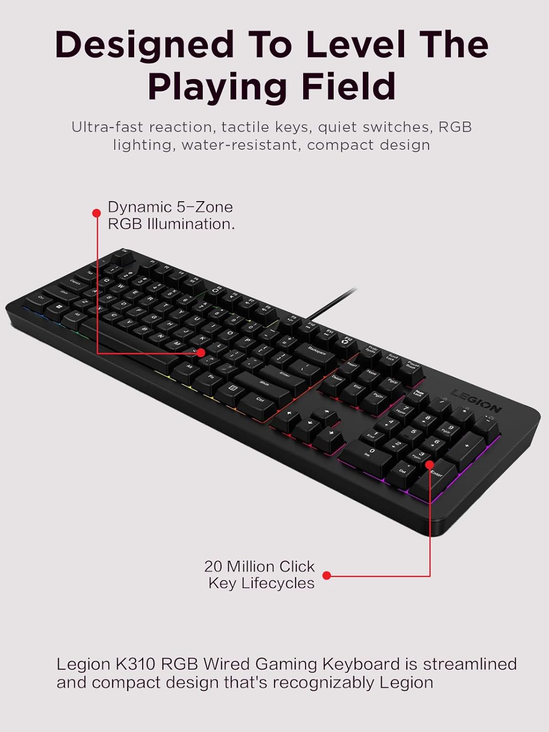Lenovo Legion K310 RGB Wired Gaming Keyboard - Ultra-Fast Reaction Time with Tactile Keys, Quiet Key Membrane Switches, Silent Operation, RGB Illumination - Water Resistant & Compact Design