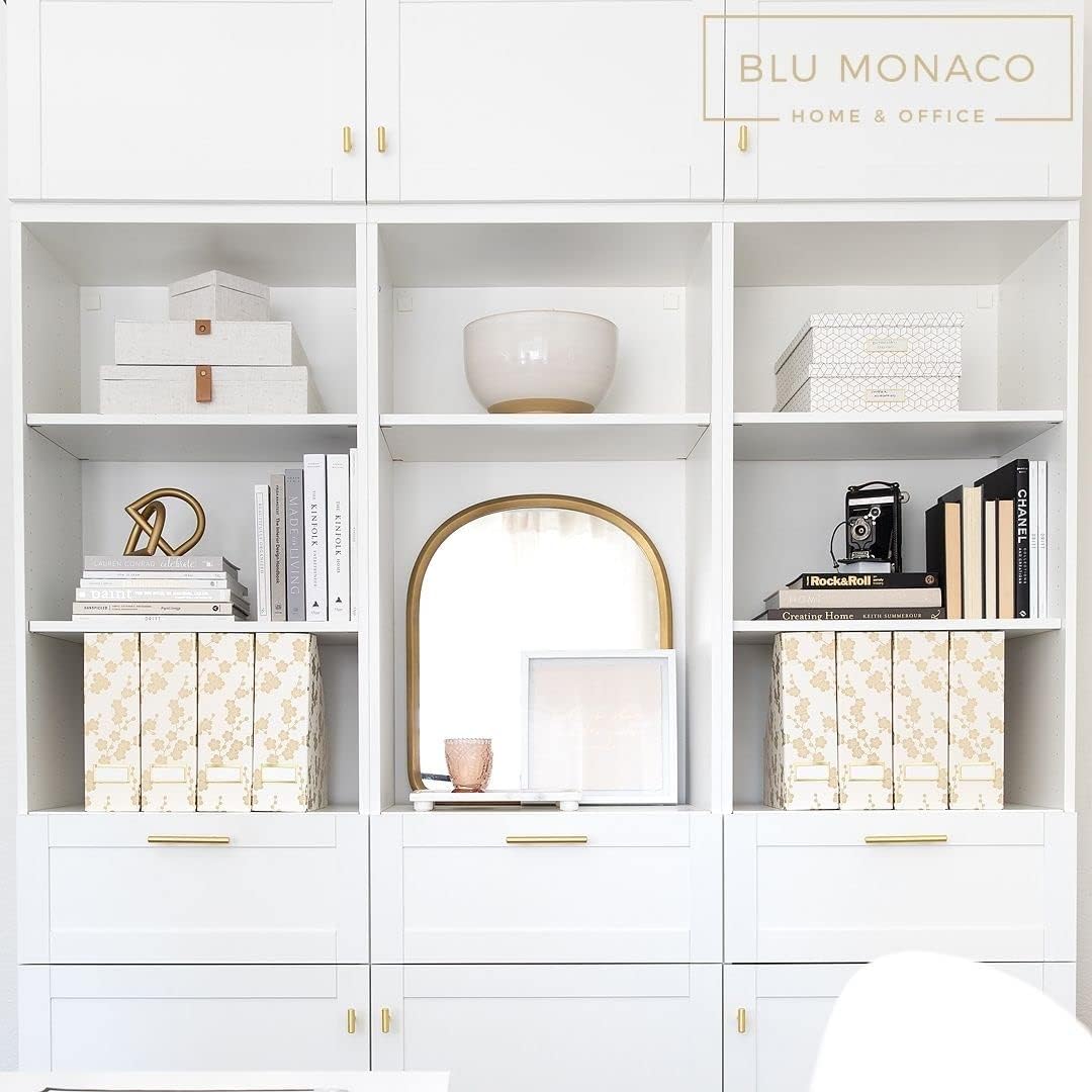 BLU MONACO Decorative Foldable Magazine Storage Boxes for Desk – Set of 4 with Gold Floral Pattern & Gold Label Holder – Ideal for Book Organization & Vertical File Storage