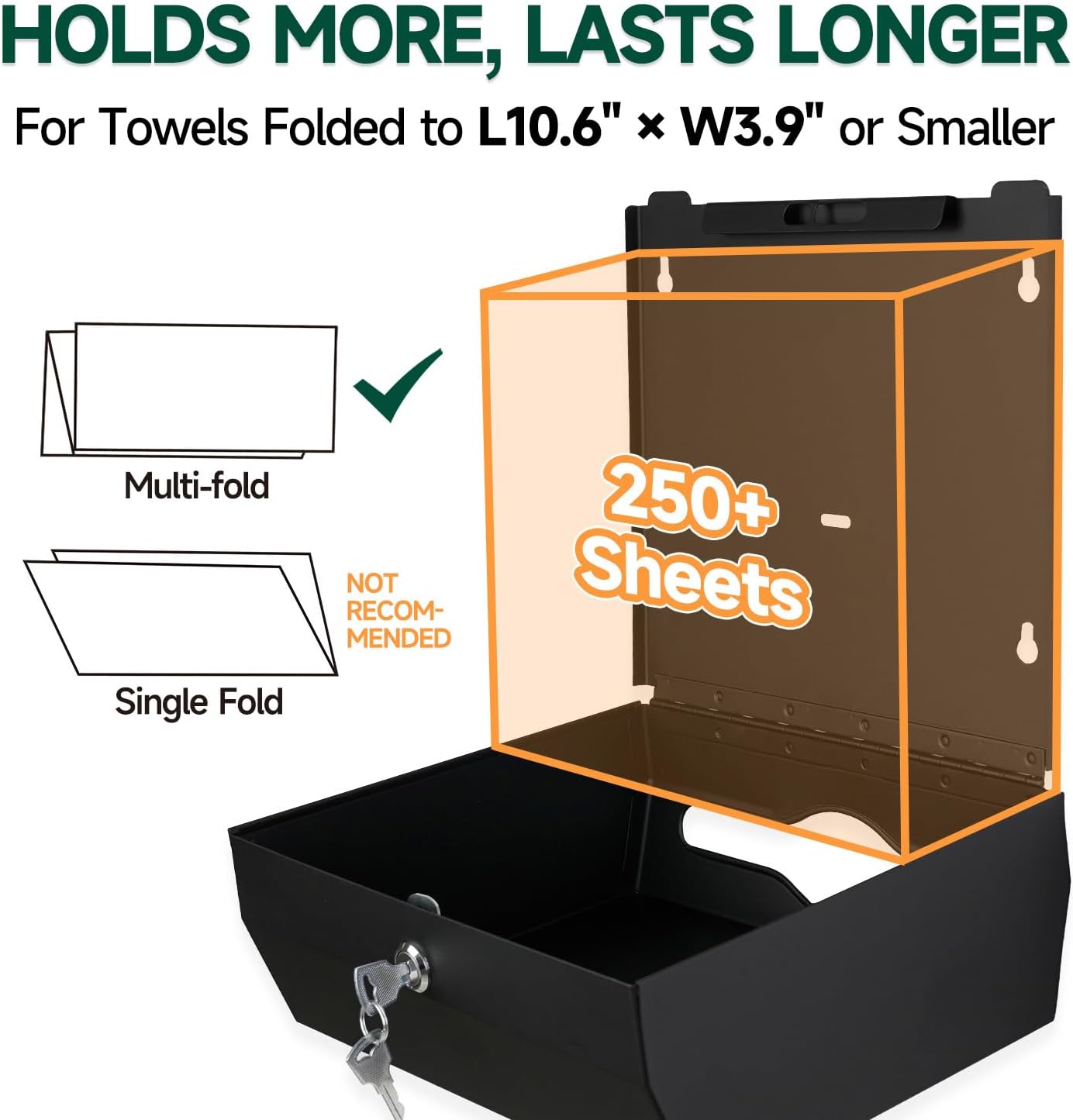 Wall Mount Paper Towel Dispenser 250-Sheet Capacity Matte Black Stainless Steel Lockable Fits Multifold/Z-Fold Towels (Folded Size ≤ 10.6" x 3.9")