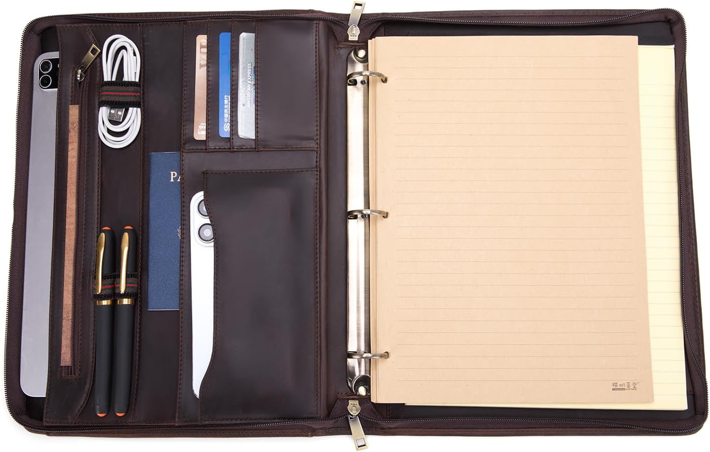 Personalized 3 Ring Binder Genuine Leather Portfolio, Front Pocket, Custom Engraved 8.5 x 11 Zippered Laptop Organizer for Men and Women, Professional Business Work Padfolio, Dark Brown