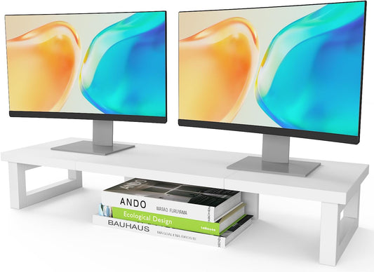 WESTREE Dual Monitor Stand Riser, Wood and Steel Monitor Stand Riser, Computer Monitor Stand for 2 Monitors, Multi-Purpose Desktop Storage Stand for Computer,Laptop,Printer,TV