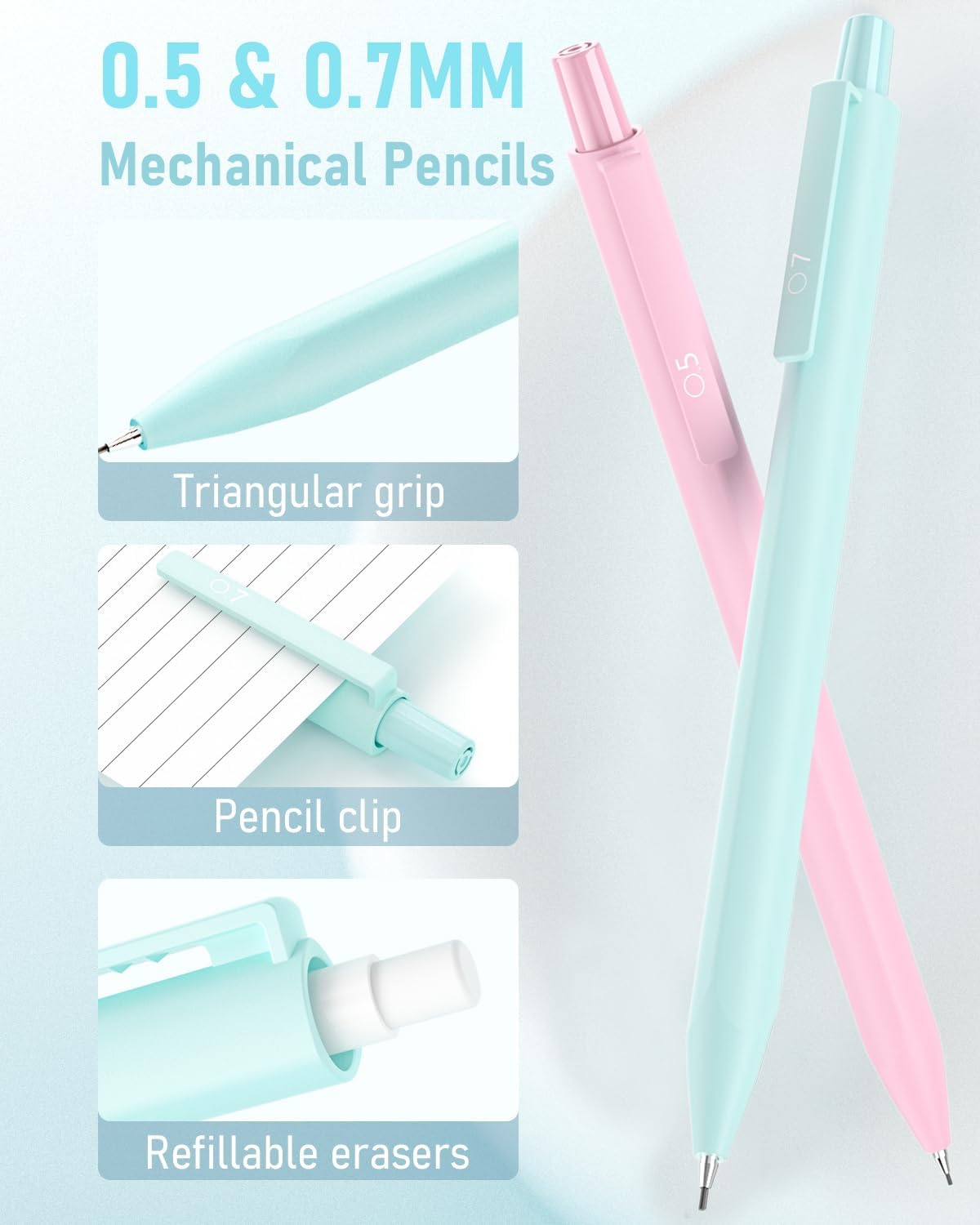 12PCS 0.5 & 0.7 mm Mechanical Pencils Set with Case, Cute Pastel Mechanical Pencil with 720PCS HB Lead Refills, 3 Erasers, Aesthetic Back to School Supplies for Student Writing Drafting