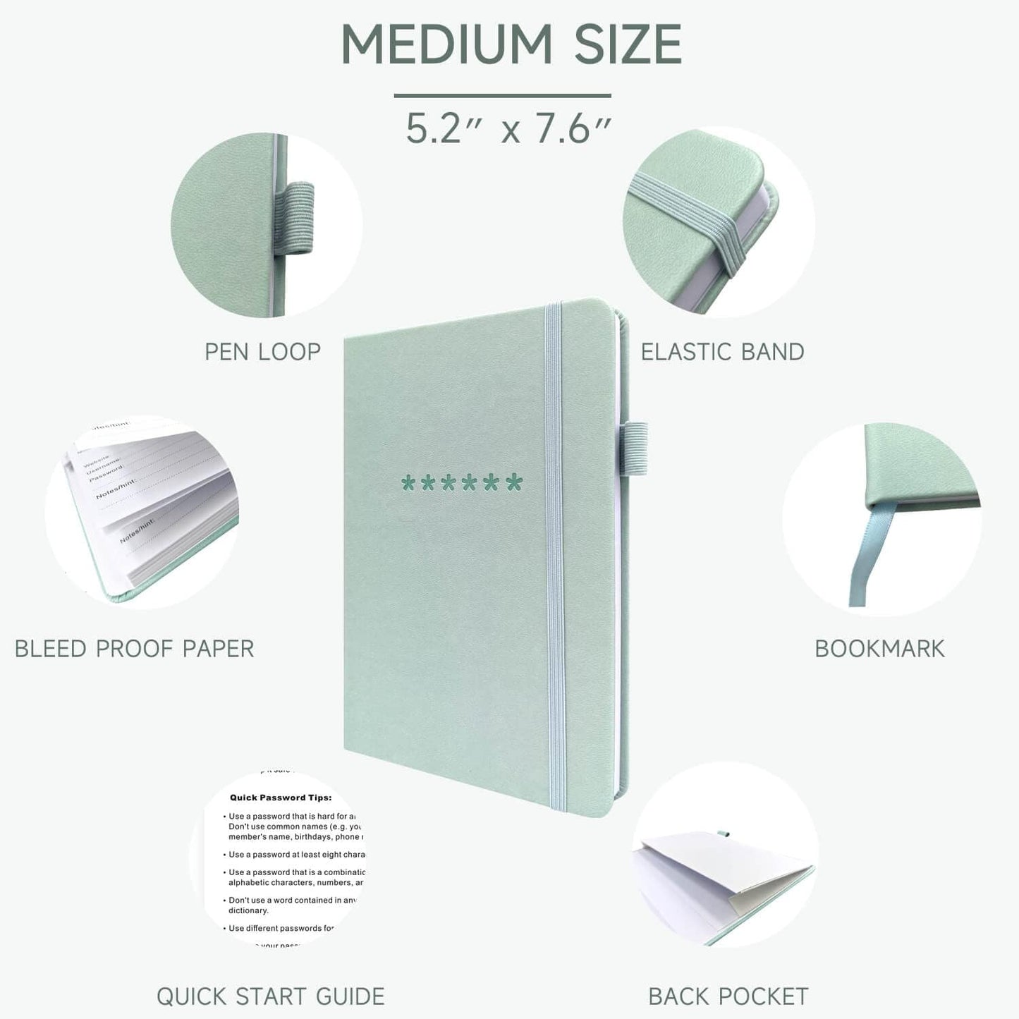 Password Book with Alphabetical Tabs – Hardcover Internet Address & Password Organizer – Password Keeper Notebook for Computer & Website – 5.2 x 7.6" Log-in Password Journal w/ Thick Paper (Mint Green)