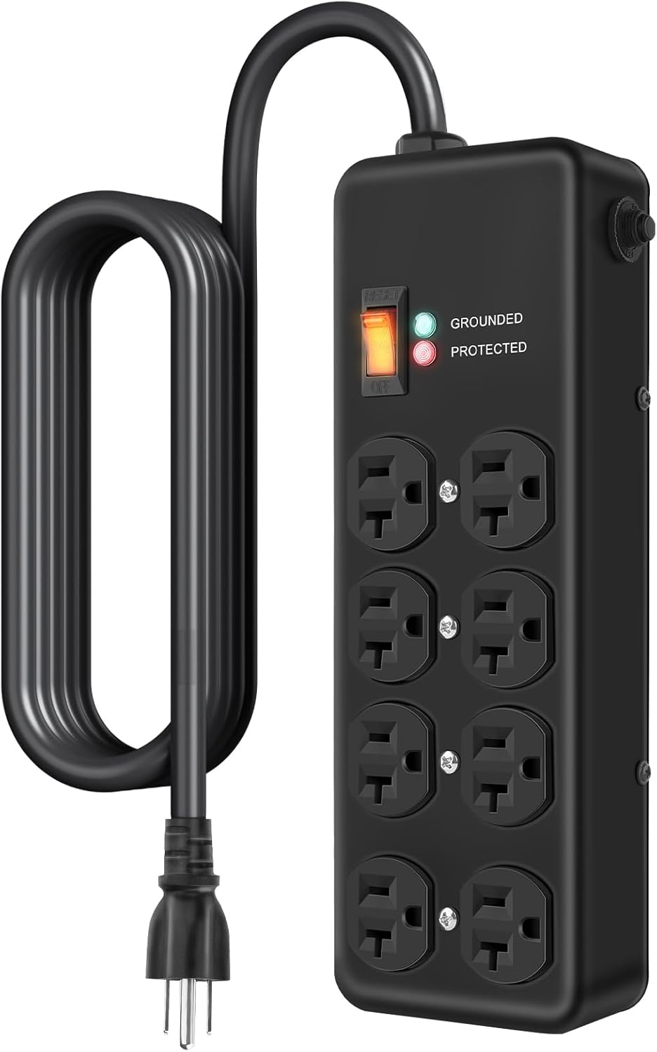 20Amp Power Strip Surge Protector, Durable Metal 8-Outlet with Heavy Duty 20 Amp 10Ft 12 Gauge Extension Cord, for Garage, Workshop & Industrial Use with 6-20R T-Slot Outlets, 4800J