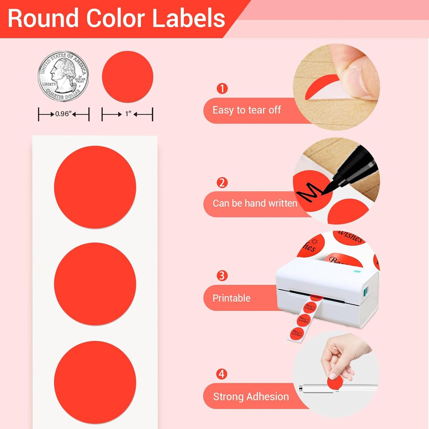 1 Inch Circle Dot Stickers 1000 PCS Color Coding Thermal Labels Dots Writable Printable Small Round Stickers for Office, Classroom, Inventory, Garage, Organizing Storage, Fluorescent Red