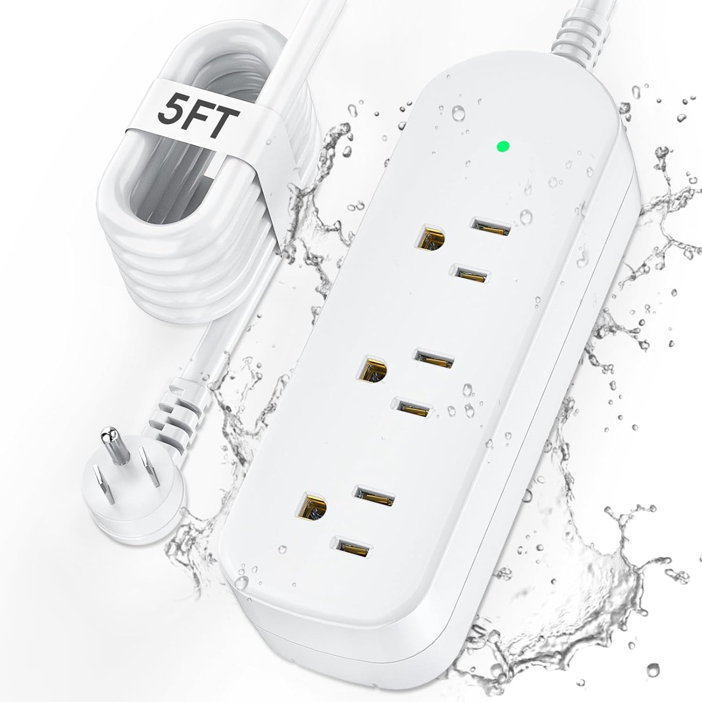 Surge Protector Power Strip,1625W/13A,5Ft Extension Cord with 3 Outlets,Waterproof Class 6 Heavy Duty Extension Cord for Indoor Outdoor,UL FCC IPX6 Listed (White, 5FT)