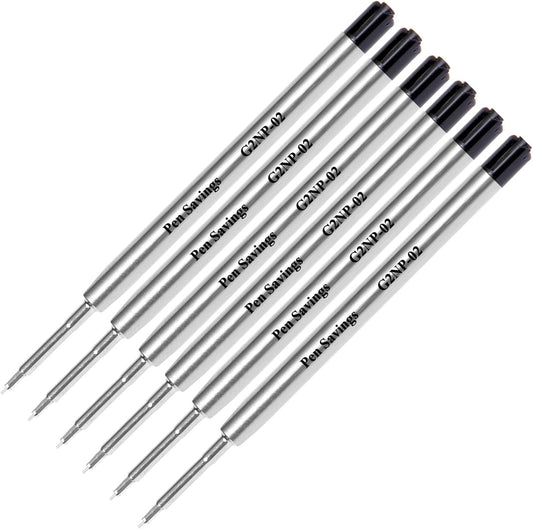 6 Pack, Pen Savings Gel Pen Refills Compatible with Parker Ballpoint Pens, .5mm Extra Fine Needle Point, Smooth Writing, Frictionless Flow (Bulk Packed) (Black)