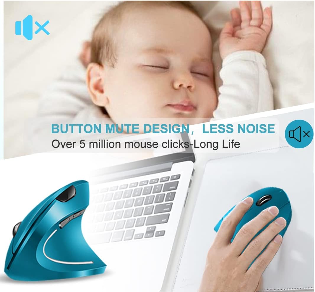 Vassink Ergonomic Wireless Mouse, Rechargeable Mouse 2.4Hz Vertical Wireless Optical Mice with USB Receiver, 6 Buttons for PC,Laptop,etc Blue