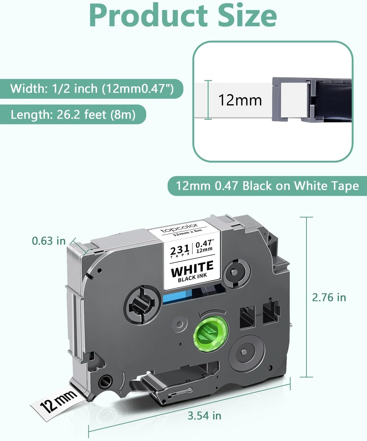3-Pack 12mm 0.47" Black on White Label Maker Tape Compatible for Brother PTouch Tape 12mm 0.47 White Tze-231 Tz231 Tze Tz 12mm 1/2" Laminated for PT-D210 PT-D202 PT-D220 PTD410 PTD600 PTD400
