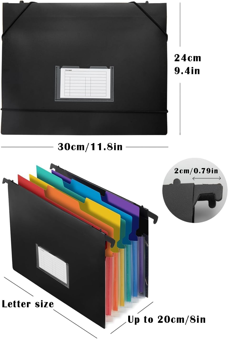 TRANBO 7-Pockets Hanging File Folder with Retractable Hooks for Filing Cabinet, Letter Size Expandable Accordion File Organizer with Elastic Band for File Frame or On-The-Go Use (1 Pack)