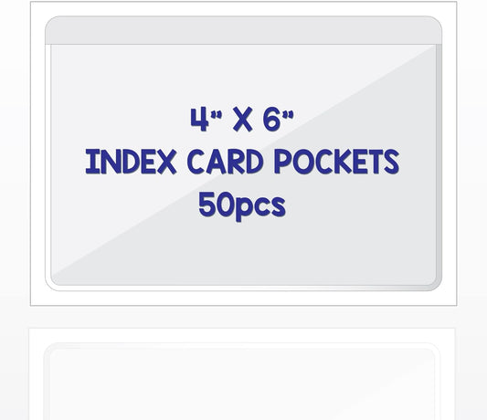 Clear Adhesive 4" x 6" Index Card Pockets with Top Open for Loading, 50 Pack, Plastic Labels Holders for Storage Bins and Library Card, Organizing and Protecting Your Index Cards or Photos