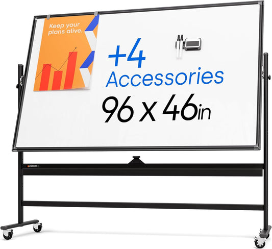 Rolling Dry Erase Board 96 x 46 - Large Portable Magnetic Whiteboard with Stand - Double Sided Easel Style Whiteboard with Wheels - Mobile Standing White Board for Office, Classroom & Home