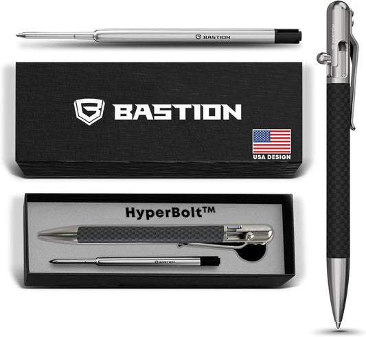 BASTION® Luxury Slim Bolt Action Pen, EDC Pen with Fine Tip, Professional Ballpoint Pen for School and Work - Carbon Fiber-Stainless Steel