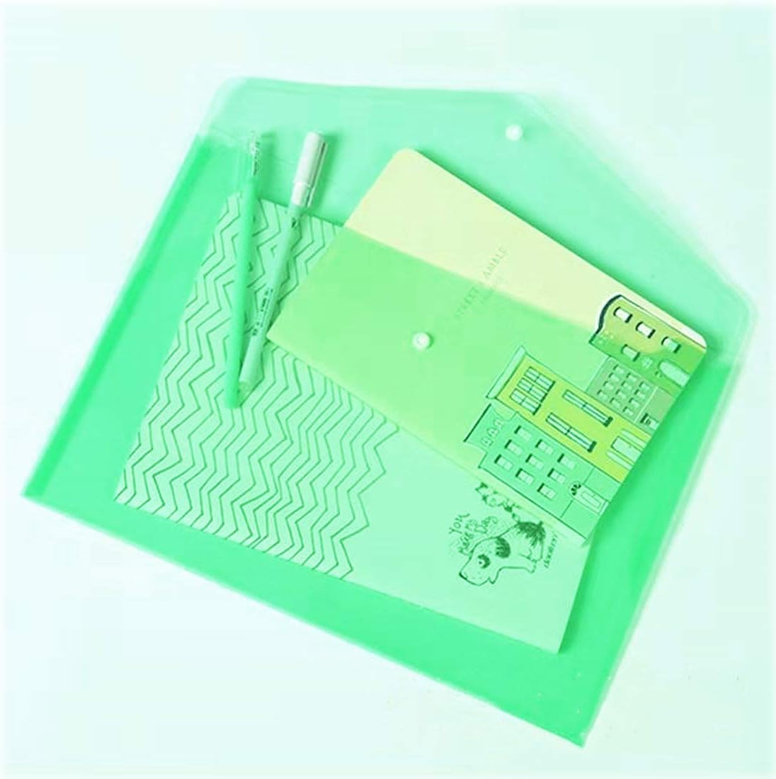Poly Envelope 12 Pcs Document Envelopes with Snap Button Quality Clear Document Folder for A4 Size (Green)
