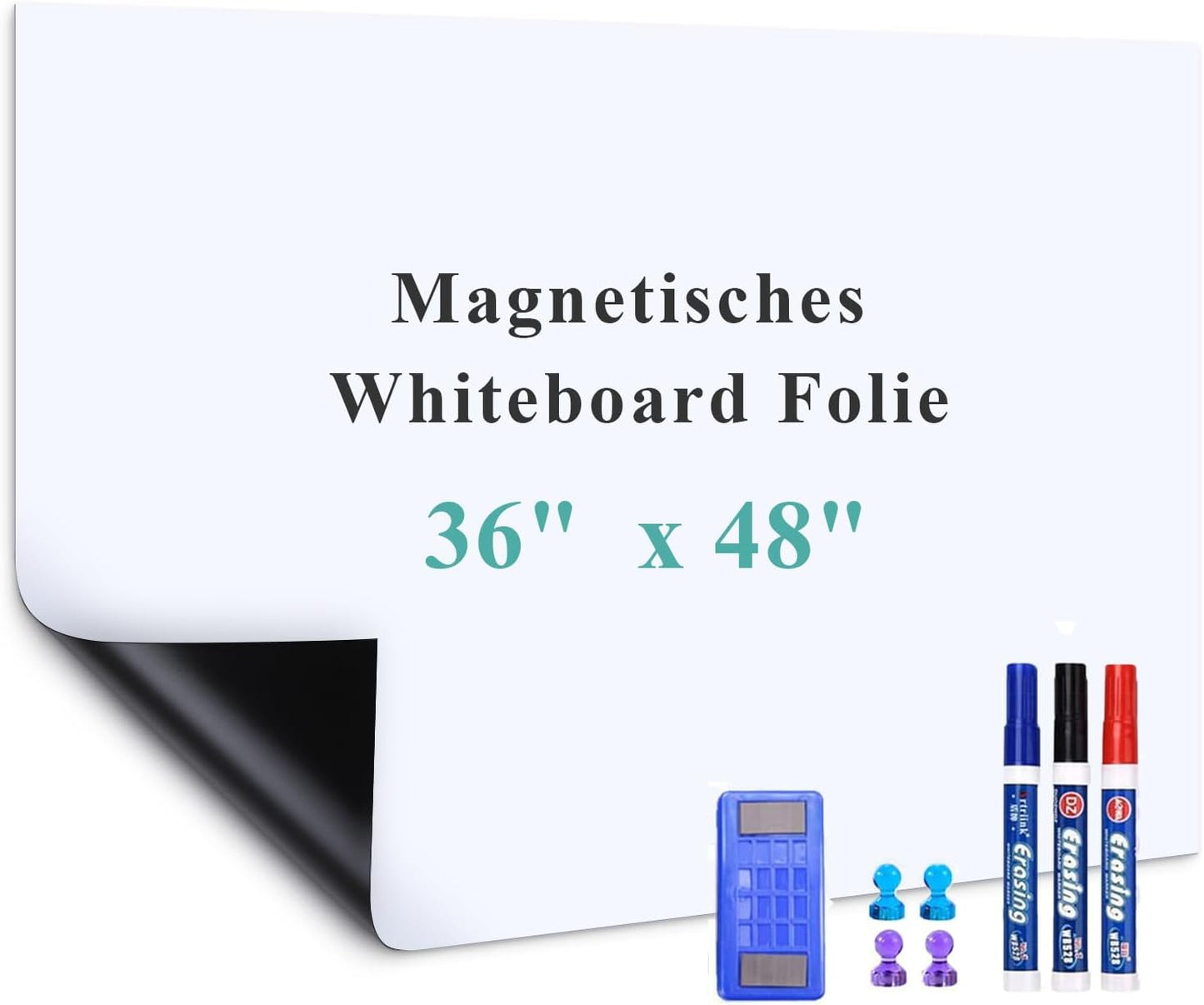 White Board Adhesive Contact Paper, 36"W x 48"H Stick on Magnetic Whiteboard Roll, Dry Erase Board for Wall, Easy to Write and Clean Magnetic Board for Kids, Office, Home, with Marker, Eraser