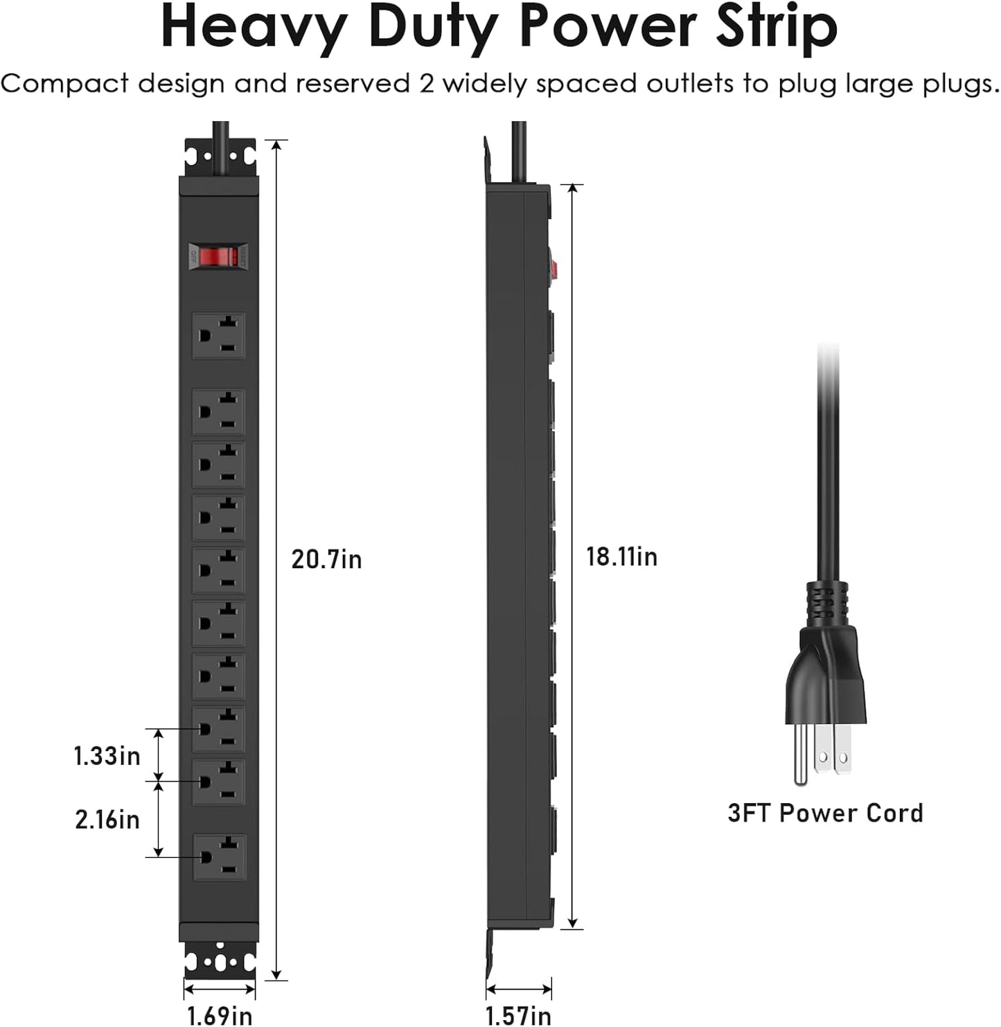 JUNNUJ Multi Angle Mount 10 Outlet 20 Amp Power Strip Heavy Duty, 2700J Surge Protector Under Desk with Switch 20A, Garage Workbench Gaming Outlet Table Wall Mountable, 3FT 12AWG Extension Cord