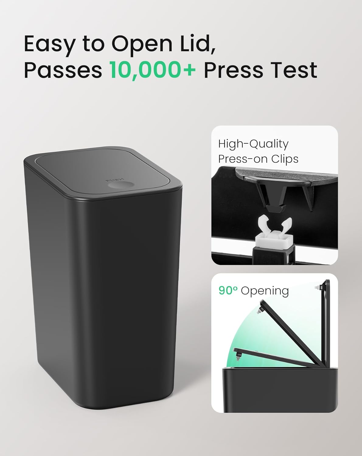 Cesun Bathroom Trash Can with Lid, 2 Pack 2.6 Gallon Small Black Garbage Can, Press Top Lid Trash Bin, Dog Proof Trash Cans Plastic Waste Basket for Bedroom Toilet Office