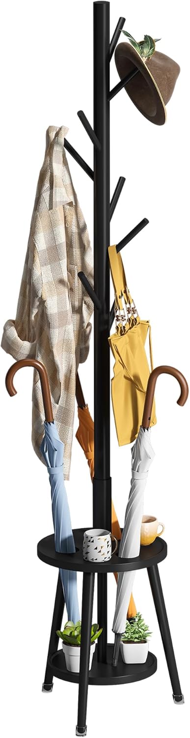 FILWH Freestanding Coat Rack with Umbrella Organizer Tray Bamboo Coat Tree Rack with 8 Hook Stand for Clothes Bag Hats Entryway Hanger Stand(Black)