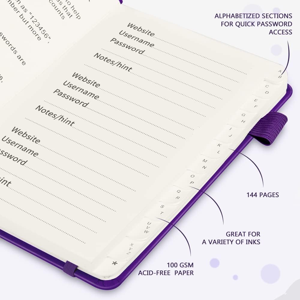 JUBTIC Password Book with Alphabetical Tabs, Small Size Internet Address & Password Keeper Logbook, Password Notebook Journal for Computer & Website Logins, Purple