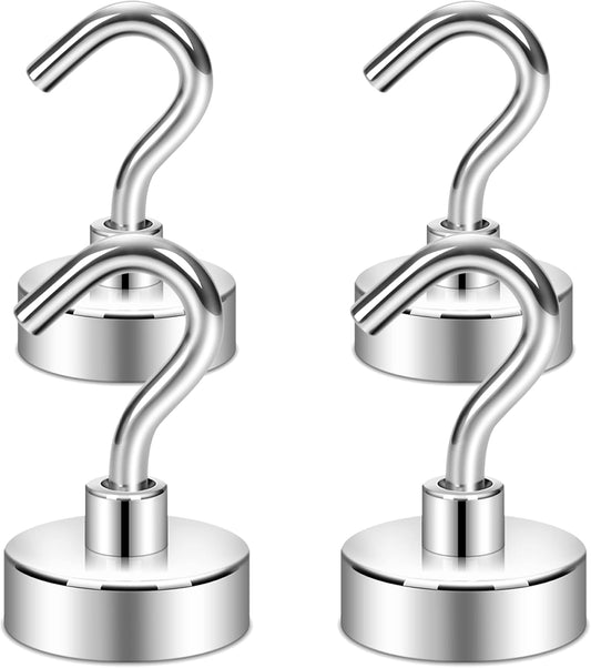 Neosmuk Magnetic Hooks, Heavy Duty Earth Magnets with Hook for Refrigerator, Extra Strong Cruise Hook for Hanging, Magnetic Hanger for Cabins, Grill (Silver White, 4 Pack)
