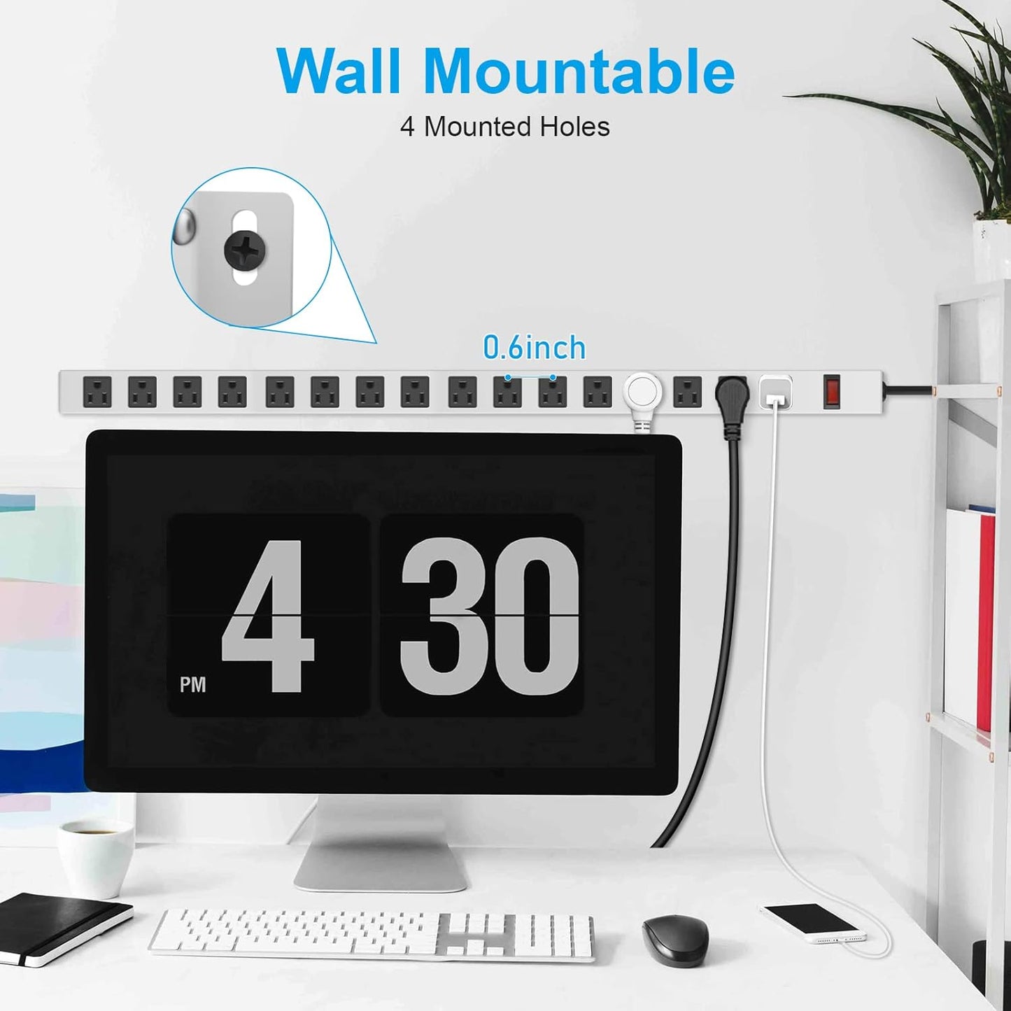 JUNNUJ Metal 16 Outlet Power Strip, Mountable Heavy Duty Power Strip, 1200J Surge Protector Wall Mount Screws Outlet with Switch, Gaming Desk Strips Wide Spaced 15A 125V 1875W, 10 FT 14AWG Power Cord