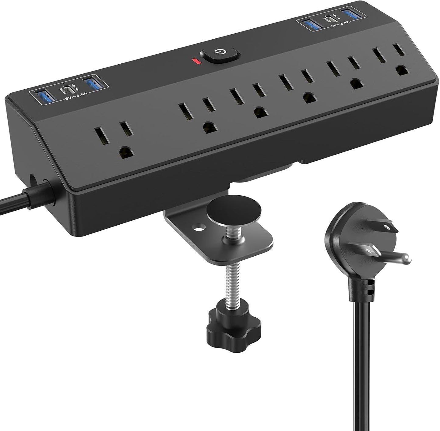 Desk Clamp Power Strip with 40W Fast Charging Station, JXGUCAT Removable Desk Clamp Mount Power Strip Surge Protector, 2 USB-C Ports, 6 AC Outlets and 10ft Cord, Fits 1.8" Tabletop Edge
