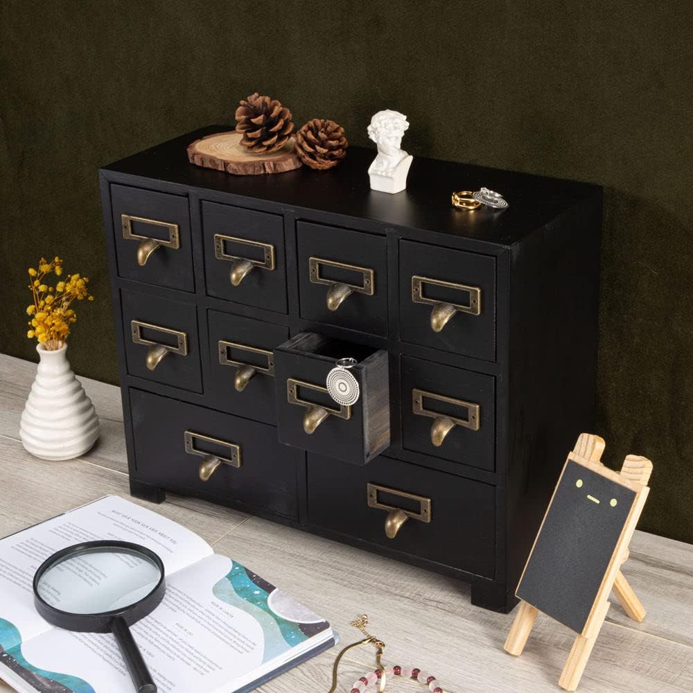 Apothecary Cabinet with 10 Drawers & Labels Rustic Library Card Catalog Cabinet Desktop Wooden Storage Box for Organize Herbal、Tea Bag、Jewelry (Black)