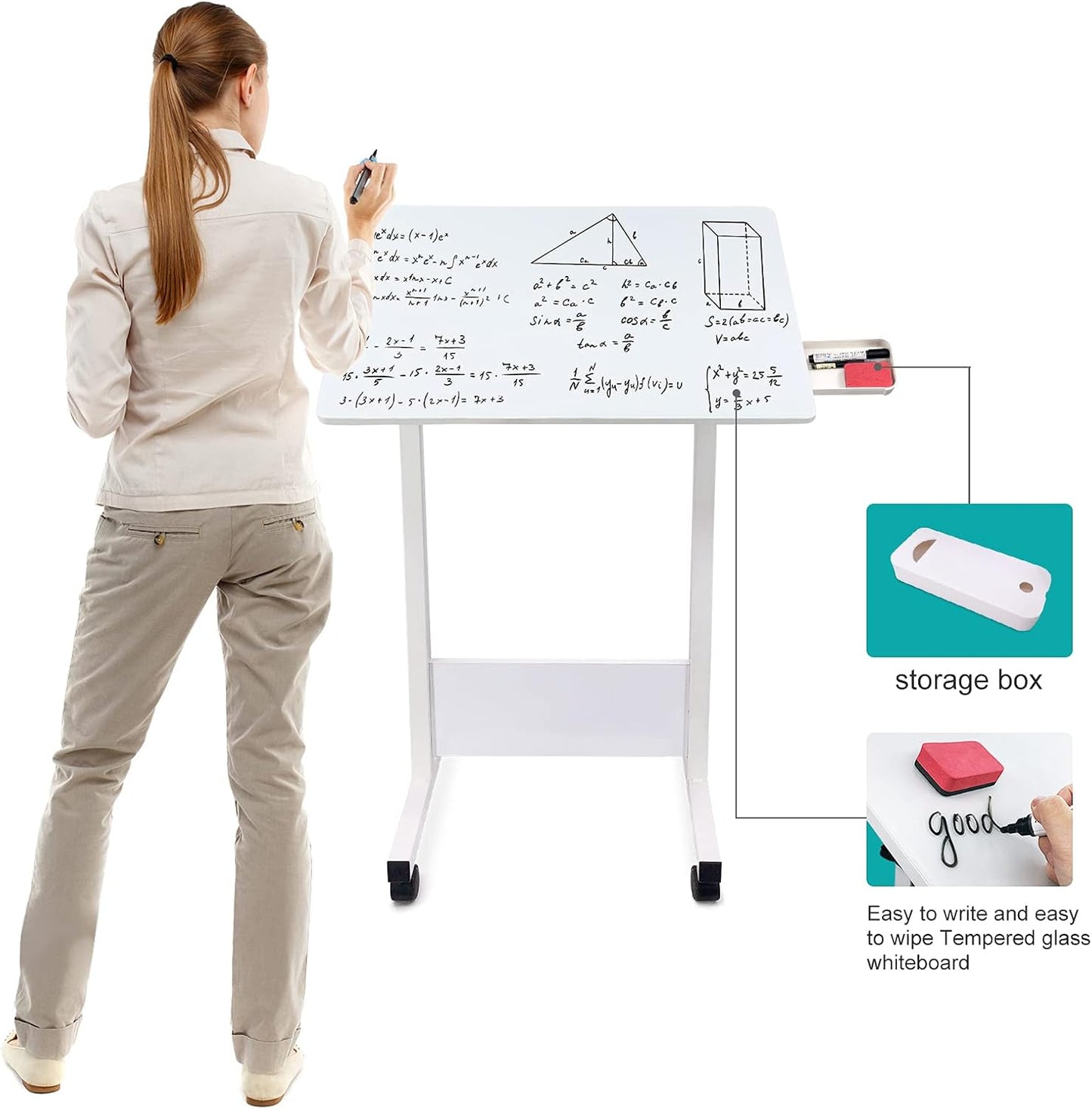 KOUPA Adjustable Height Standing Desk, Writable Tempered Glass Desktop with Eraser, 360° Flip, Wheels – Ideal for Small Spaces and Home Offices, 31 in, White(Adjustable Height: 32-47 in)