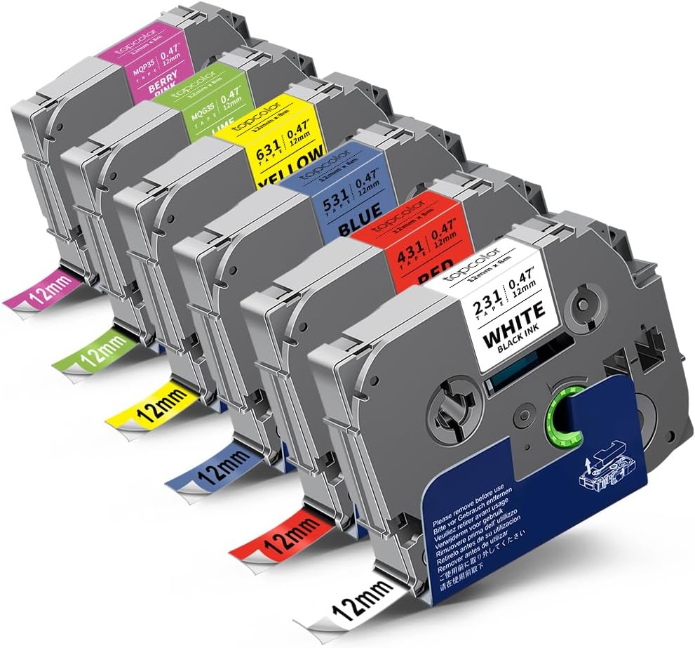 6-Pack 12mm 0.47" Multi-Color Label Tape Compatible for Brother Tze431 Tze531 Tze631 Tze MQG35 MQP35 P Touch Tze Tz Tape 12mm 0.47" Laminated White for PTH110 PTD220 PTD210 PTD400 PTD610BT