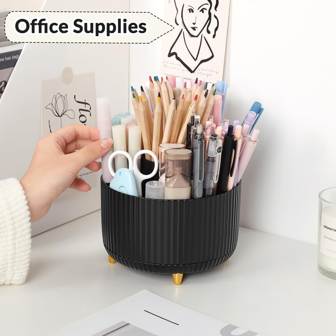 SKYDUE 360 Degree Rotating Desk Organizer, Dual-Purpose Pencil Pen Holder for Desktop, Rotating Desk Pen Organizer with 5 Slots, Office Supplies, Pencil Cup for Office, School, Home