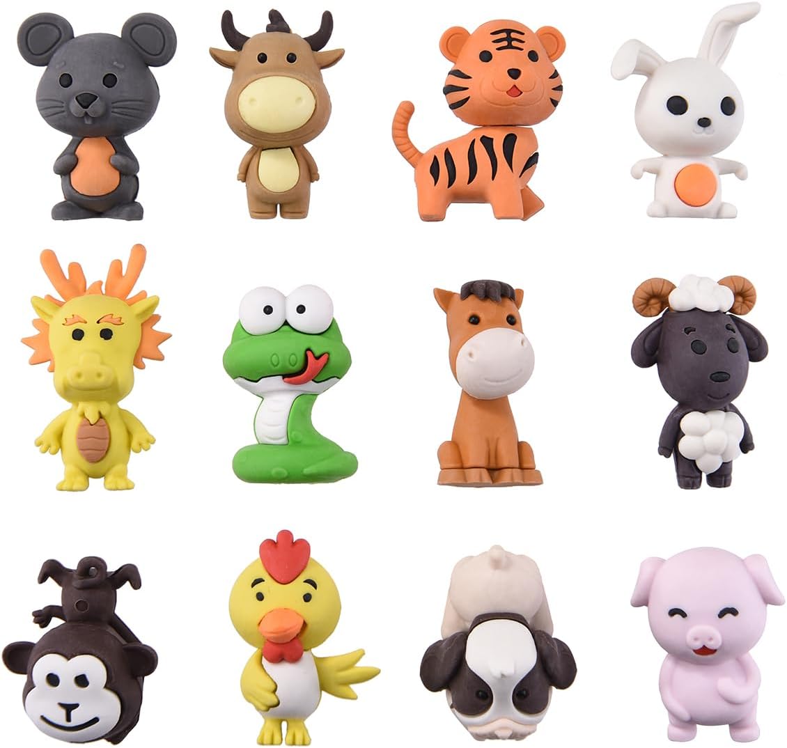 12 Pack Animal Erasers for Kids, 3D Puzzle Eraser for Boys Girls, Chinese Zodiac Erasers for School Supplies Prize Gifts Party Favors