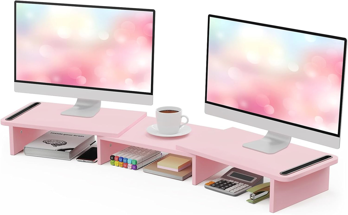 Zimilar Dual Monitor Stand Riser, Monitor Stand with Adjustable Length and Angle, Wood Monitor Stand for Desk, Monitor Riser for 2 Monitors with Storage Space