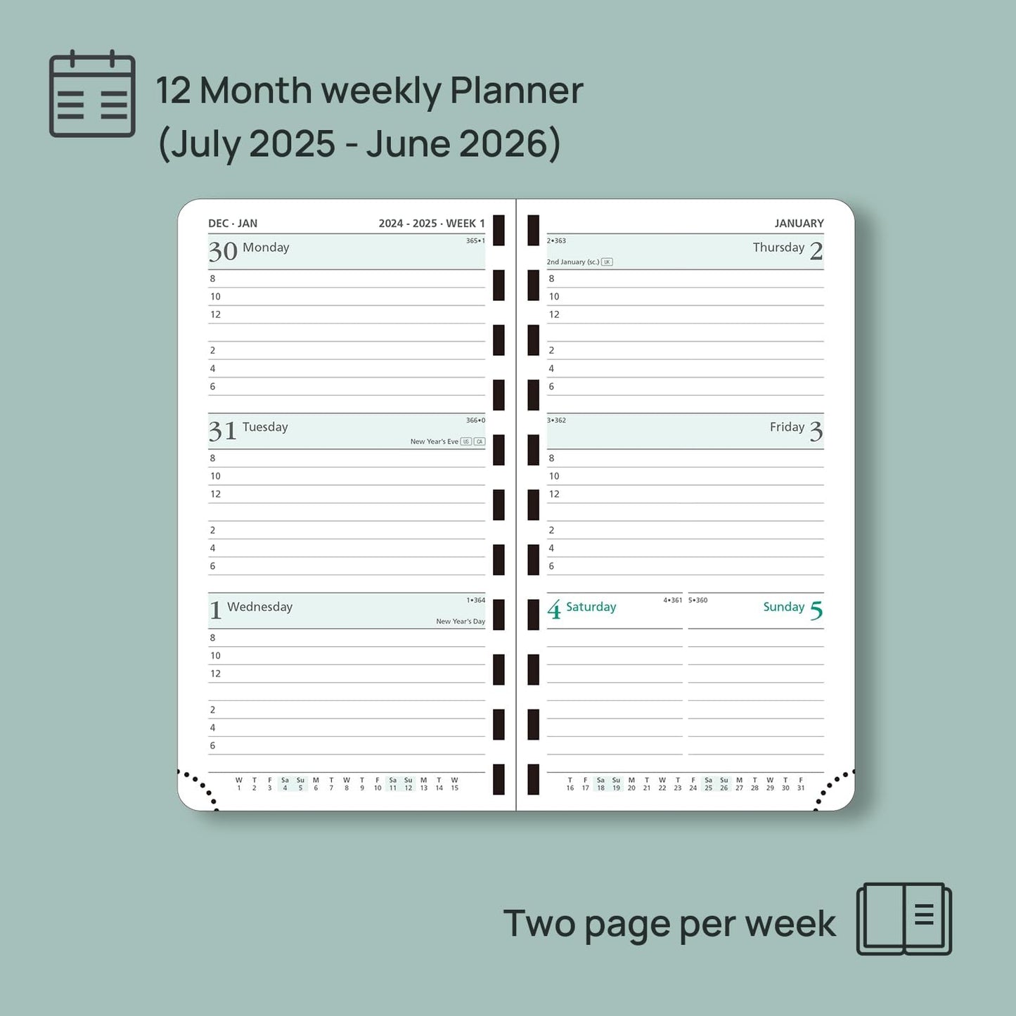 POPRUN Pocket Planner 2025-2026 (Slim Size 3.5'' x 6.5'') Academic Purse Calendar (July 2025 - June 2026) with Hourly Time Slots, 100GSM Thick Paper, Spiral Soft Cover - Green