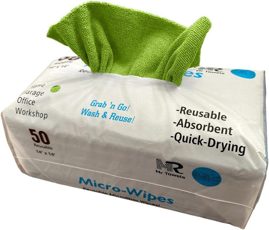 Reusable Microfiber Wipes, 50 Packs, Size 14 inches x 14 inches (Green)