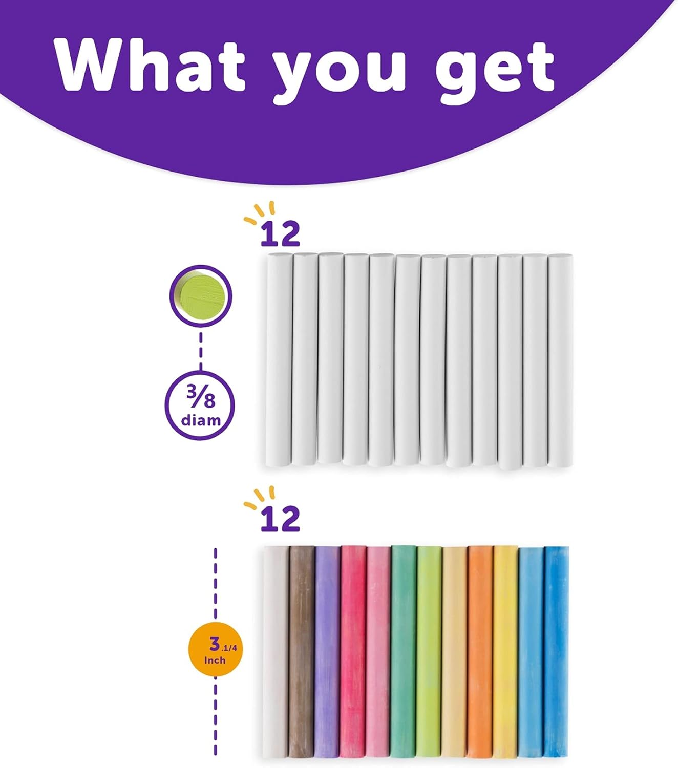 kedudes Chalk for Kids - 24 Pack Colored Chalks for Chalkboard - 12 Pack of Dustless White Chalks and 12 Pack of Assorted Colors - Chalk for Kids and Toddlers - 2 Boxes, White and Multicolor