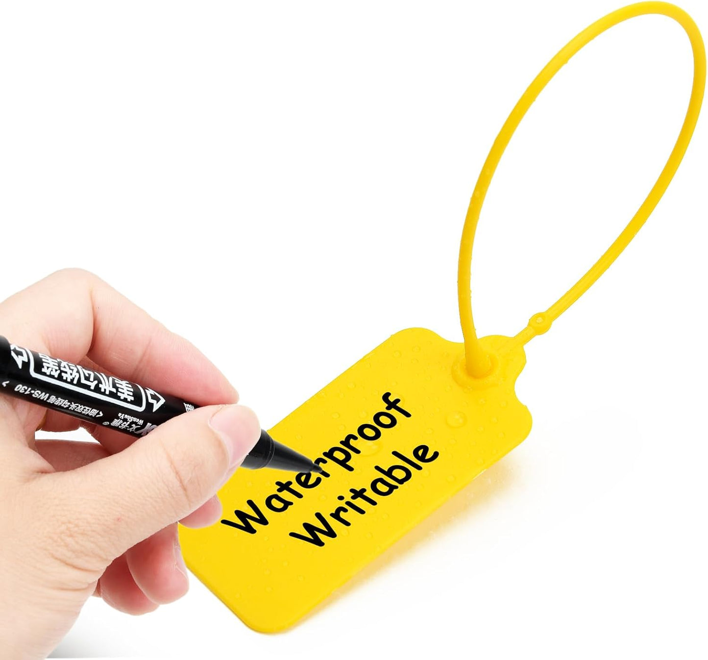 50 Yellow Blank Plastic Tags for Labeling Waterproof Hanging Labels Writable Tags Seal Plastic Marking Label for Clothes Bags Keys Inventory with One Marker Pen