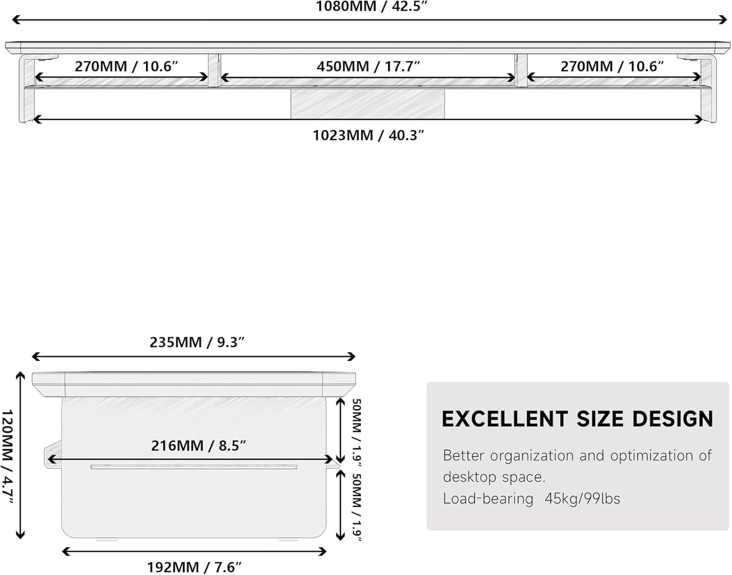 Fenge Acrylic Monitor Stand Riser, 42.5 Inches Dual Monitor Stand with Metal Storage, 2 Tier Acrylic Computer Riser for Desk, Clear Laptop Stand for PC, Laptop, Printer, TV, Blue