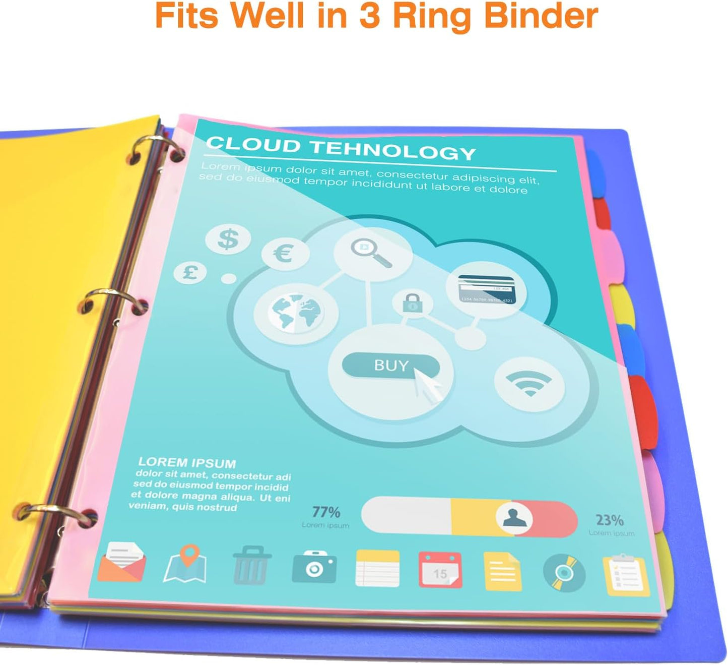8 Tabs Plastic Dividers with Clear Front Pocket - 3 Sets, Pocket Dividers for 3 Ring Binder, Multi-Color Binder Dividers, Total 24 Tabs